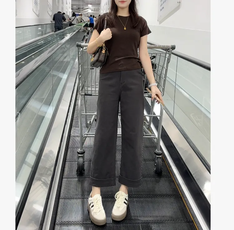晴晴家 弹力9分净版百搭气质洗水棉法棍直筒裤