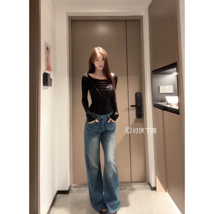 欧美风镂空长袖连体衣新款性感修身纯欲上衣辣妹打底衫女秋01056