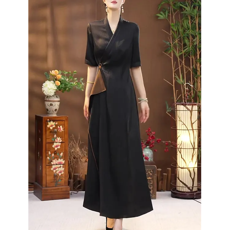 新中式文艺改良旗袍连衣裙2025夏装新款高贵气质收腰显瘦复古长裙