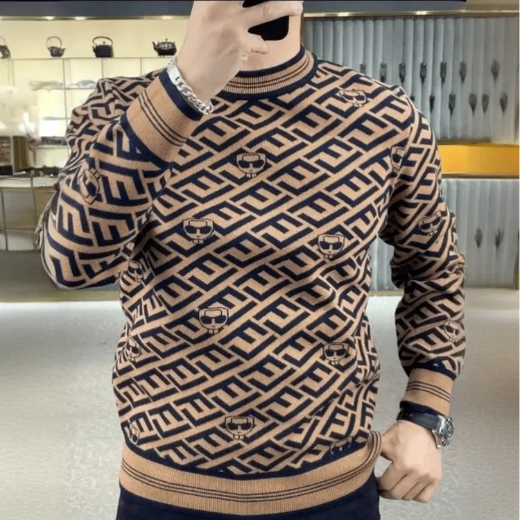 2025冬季新款商务轻奢圆领针织衫毛衣男士休闲修身套头长袖打底衫