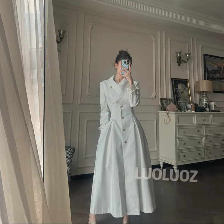 LUOLUOZ【星离雨散】气质收腰长袖不规则领型长款连衣裙外套CC209
