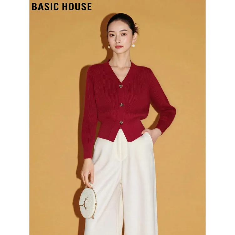 Basic House/百家好温柔风气质红色V领针织开衫女2025秋软糯毛衣