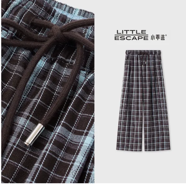 小乖逃秋款休闲时尚蓝色格子长裤宽松网格清梦休闲裤松紧腰M8793