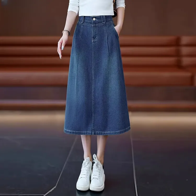 拉夏贝尔牛仔半身裙女中长款2025年夏季新款高腰小个子A字一步裙