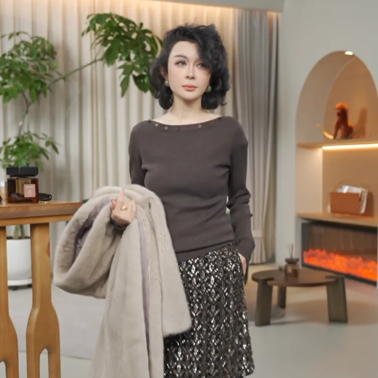 绵羊毛时髦设计纽扣装饰一字肩针织毛衣ZZ1051