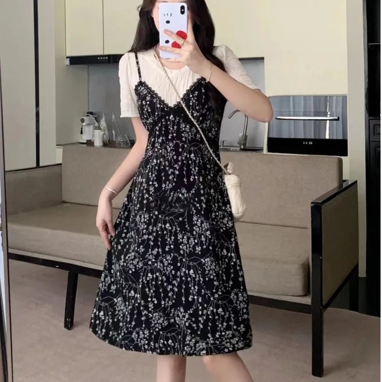 6092 2025夏装新款蕾丝拼接碎花显瘦遮肉长短款大码连衣裙