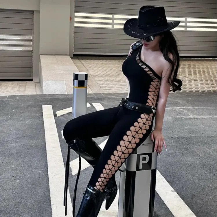 美式辣妹性感镂空高弹力紧身连体裤时尚显瘦百搭黑色连体衣瑜伽