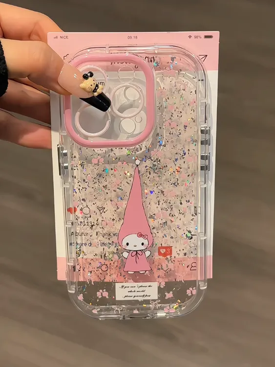 适用16苹果闪粉奶油壳15华为p手机壳防摔碎花底长帽子kitty新款14