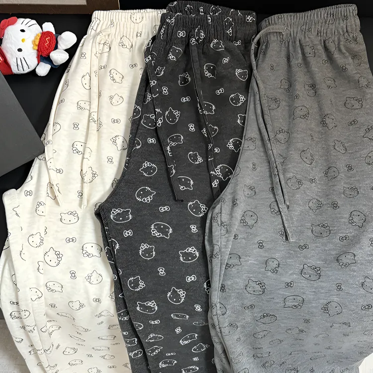 kitty猫咪糯米裤印花裤子少女慵懒松弛感阔腿裤松紧腰抽绳遛弯裤