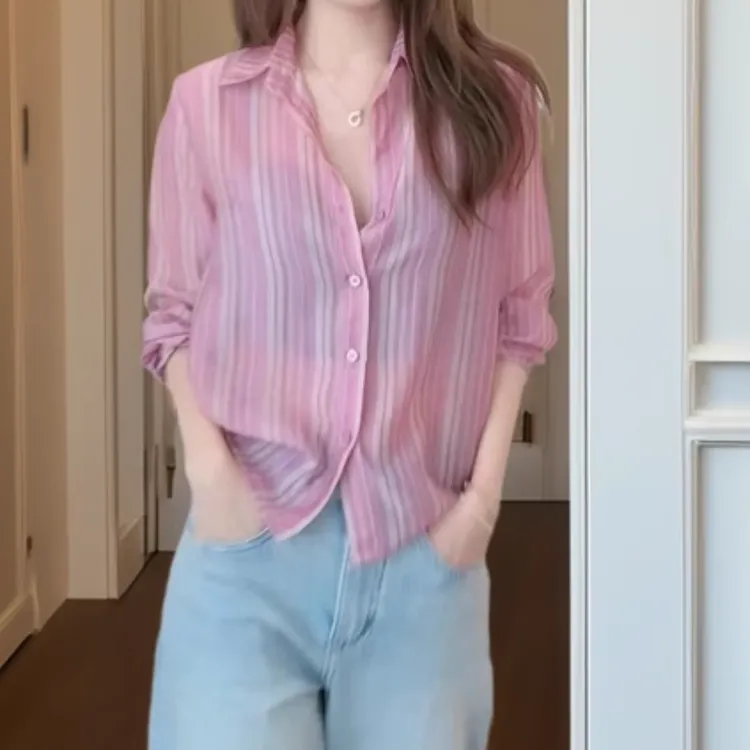新款夏季洋气氛围感竖条纹衬衫粉色时尚显瘦减龄衬衣LK2503442