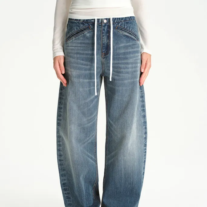 SMIIILE 弯刀洗水抽绳宽松阔腿牛仔裤女休闲低腰