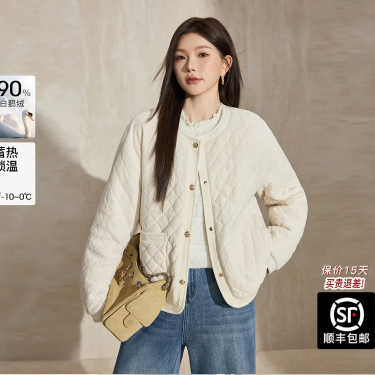 蓝语大码圆领灯芯绒90白鹅绒轻薄2025冬季新款菱形格短外套