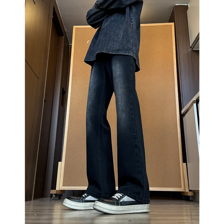 水洗复古黑微喇牛仔裤男款秋季高街美式vibe窄版cleanfit直筒裤