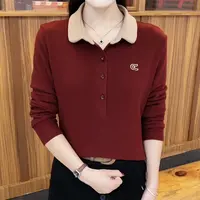 新款春秋薄款女上衣有领POLO领撞色刺绣打底衫长袖妈妈装