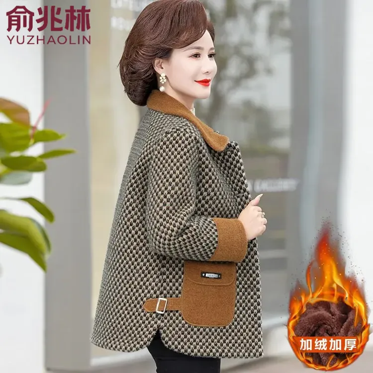 俞兆林妈妈秋冬水貂绒毛呢外套加绒加厚50-60岁中老年女母亲洋气