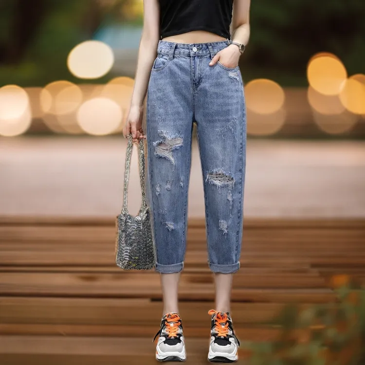 破洞女士牛仔裤女款老爹哈伦裤宽松显瘦春秋新款九分裤子女款春秋