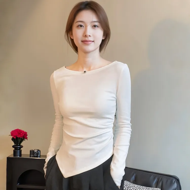 早秋白色打底衫长袖一字肩女显瘦修身露肩洋气百搭设计感T恤上衣