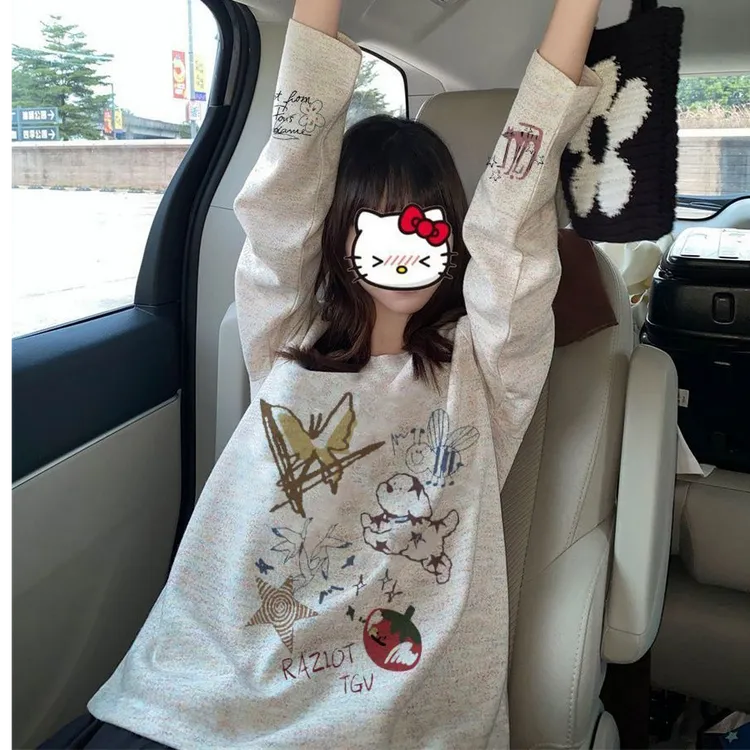 【ZHAP】圆领打底衫250克彩纱长袖t恤女宽松秋冬通勤显瘦印花上衣潮
