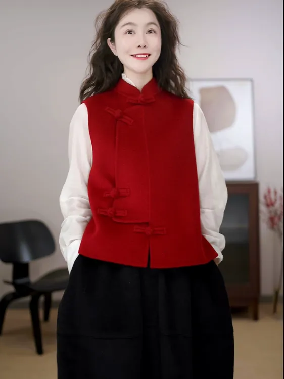 VALUE AN  25403新中式马甲小众设计款秋冬双面呢【牦牛绒桑蚕丝】