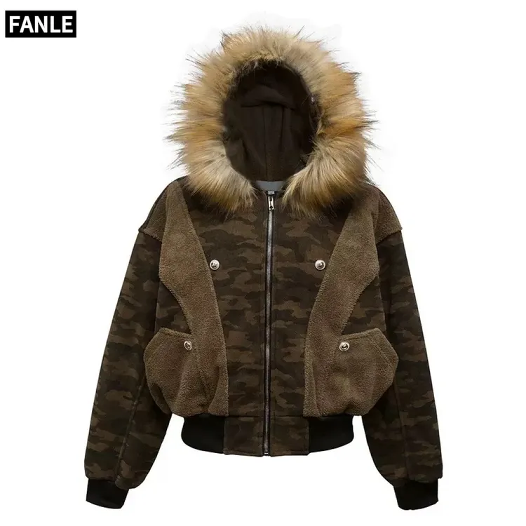 FANLE迷彩座山雕毛领加绒短廓棉服派克男女冬季美式保暖夹克外套