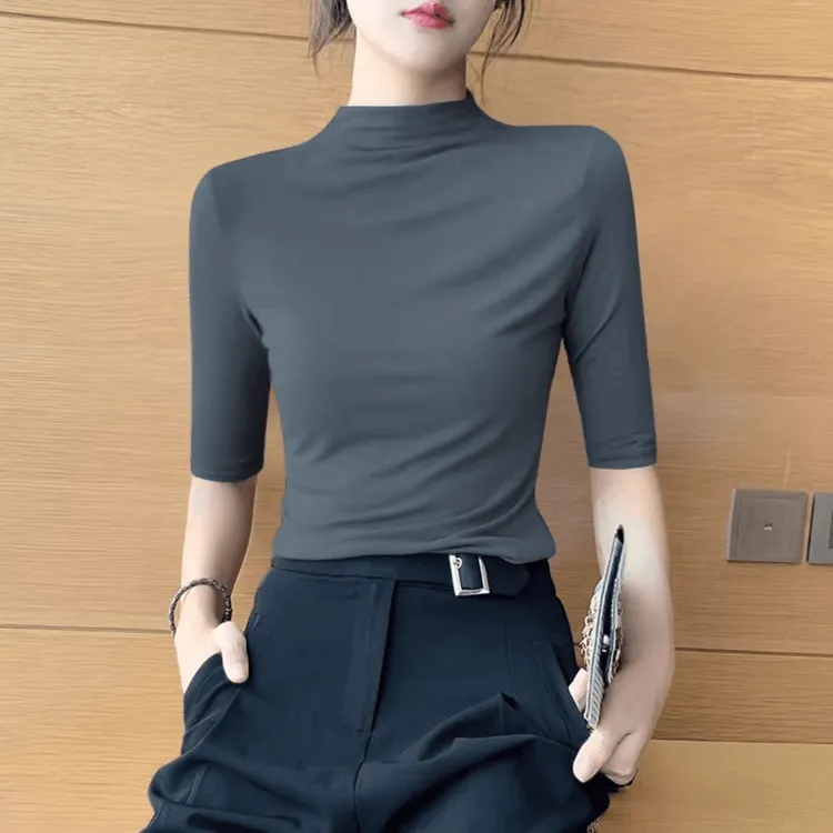 莫代尔春夏季半高领中袖打底衫女2024新款大码内搭修身五分袖上衣