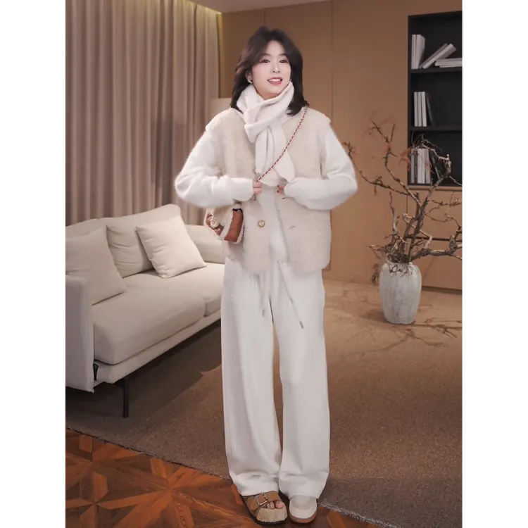 广州琴姐【月光独白】软糯醋酸绵羊毛抽绳松紧腰直筒休闲裤女秋9509