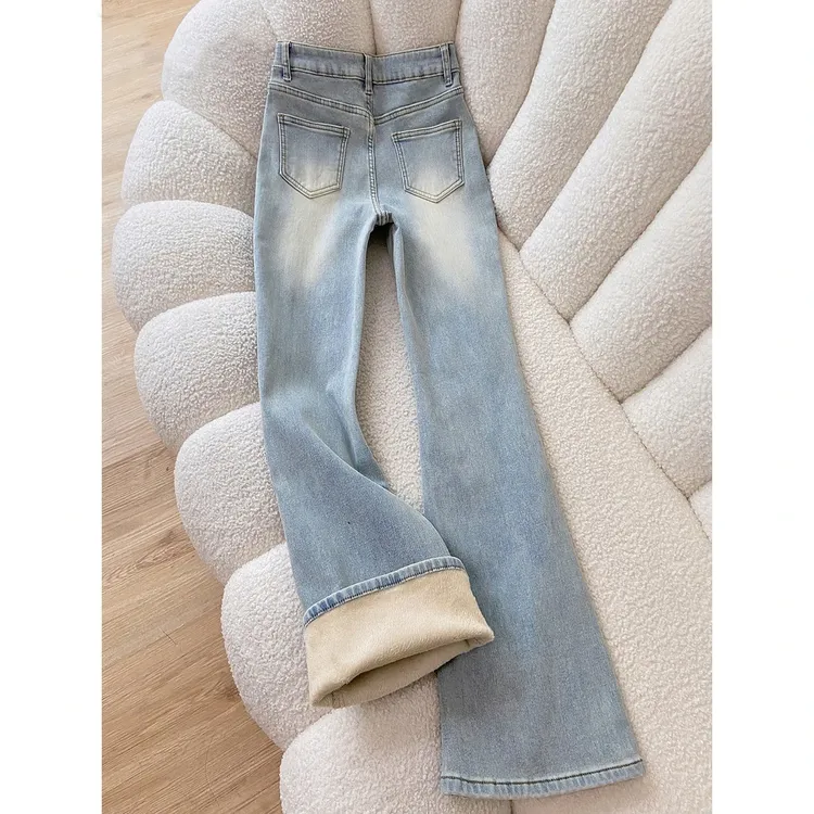 浅色微喇叭牛仔裤女2025秋冬新款高腰修身显瘦加绒马蹄裤子
