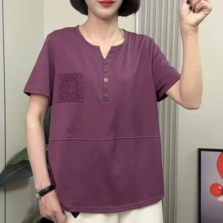 （五彩扣）夏季新款小V领时尚洋气休闲宽松显瘦百搭纯色女士T恤上衣