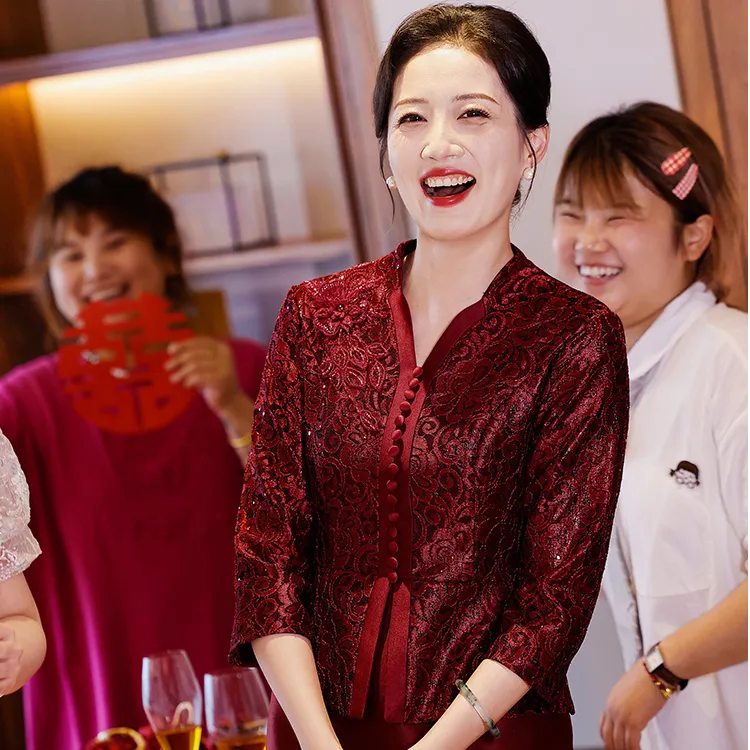 喜婆婆婚宴装高端洋气喜妈妈结婚礼服红色连衣裙两件套女秋