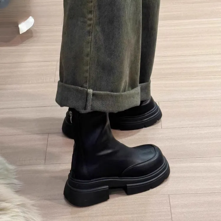 卓诗尼【断码清仓】厚底黑色马丁靴女2025新款秋冬加绒英伦风短靴子