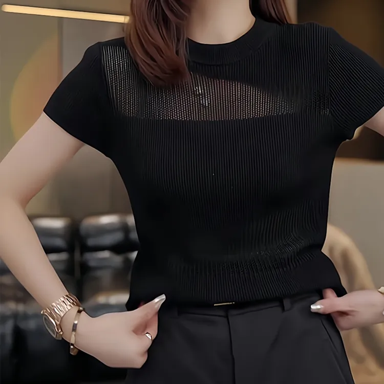 黑色镂空针织正肩修身短袖T恤女2025年春秋季新款休闲百搭上衣潮