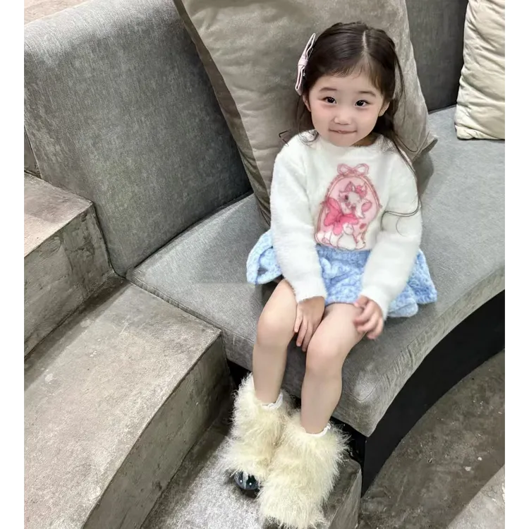 壹妈童装女童秋季时尚套装新款女宝保暖套头毛绒上衣蓝色背带裤