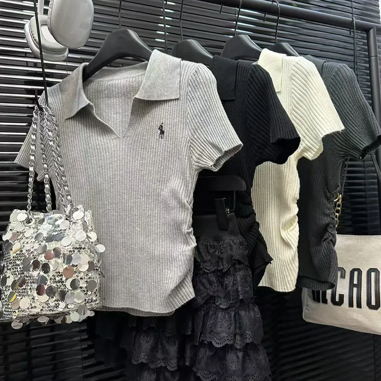 【针织polo领刺绣抽褶短袖】显瘦修身百搭新款高级感针织上衣5111