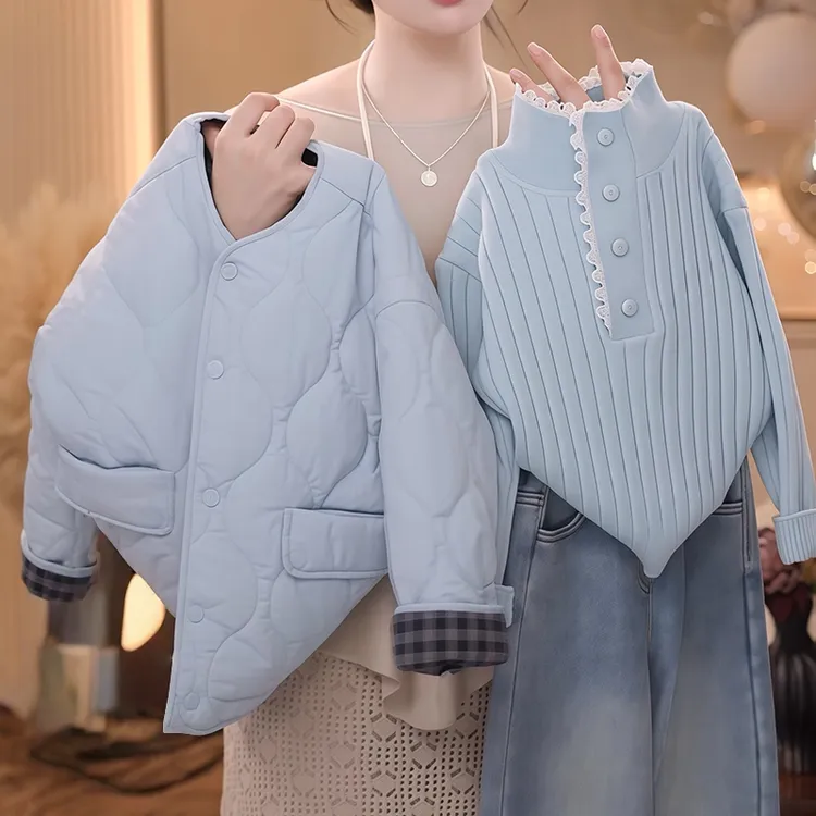 女童夹棉外套毛衣套装秋冬2025新款双面穿格子棉衣花边针织打底衫