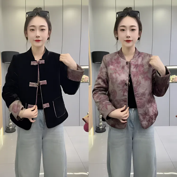 洋➕859冬季新款新中式国风立领盘扣提花显瘦(双面穿)加棉女外套