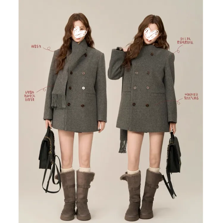 羊毛韩版气质设计感围巾领双排扣中长款毛呢外套大衣女秋冬