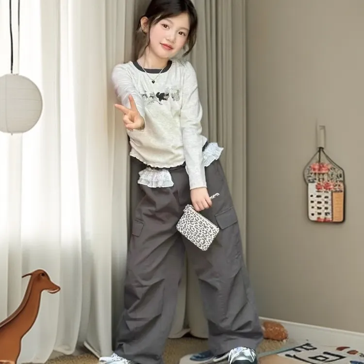 DP女童秋季新款套装洋气蝴蝶结长袖上衣花边工装裤女宝宝两件套