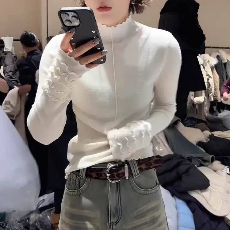 2025冬季新款洋气显瘦长袖修身百搭木耳边针织打底上衣LK2508303