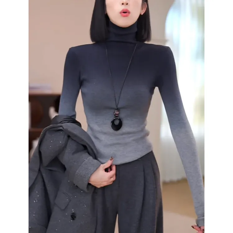 【毛衣现货】堆堆领针织衫女内搭打底衫秋冬渐变色高领长袖气质上衣