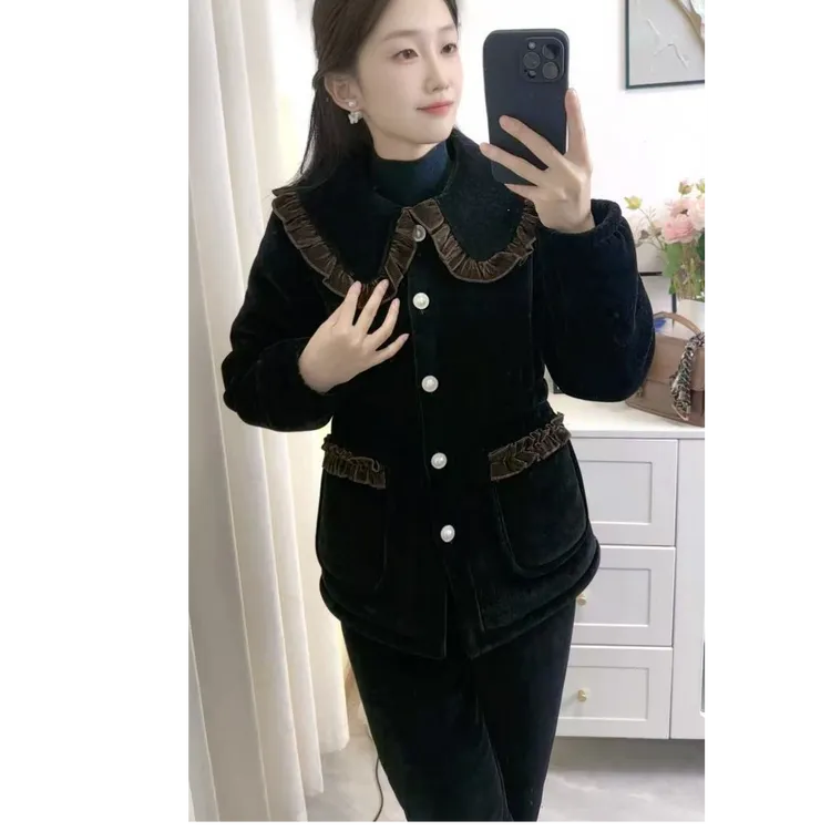 收腰可外穿咖色娃娃领三层加绒加厚睡衣女冬时尚保暖家居服套装