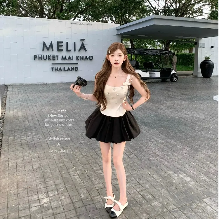 【VVS星钻】韩系甜美少女2025夏季手工钉钻蝴蝶结无袖缎面上衣短裙