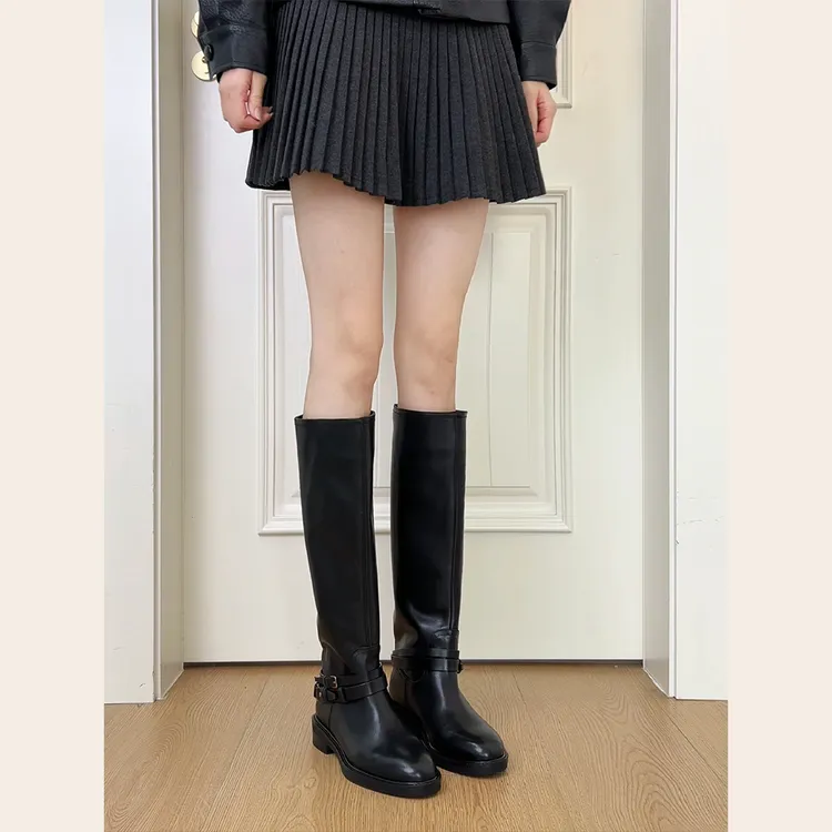 Dannyfrey重工水洗牛皮长筒靴女百搭显瘦宽筒骑士靴皮带扣高筒靴