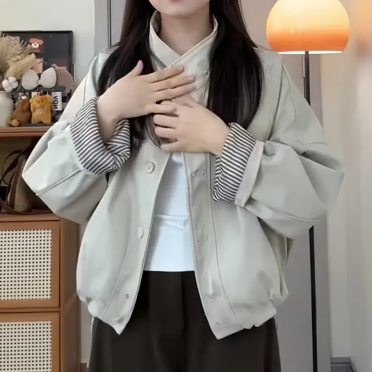 秋季韩系复古长袖宽松条纹卷边立领排扣风衣拼接休闲风时尚风外套