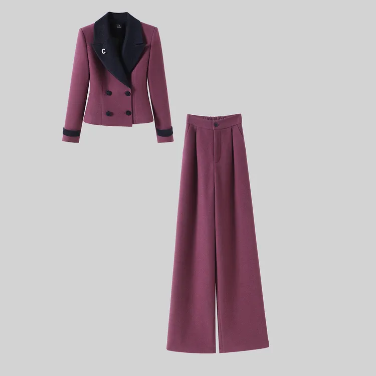【纪朵研】8183秋冬季新款加棉套装时尚气质西装上衣阔腿裤两件套女