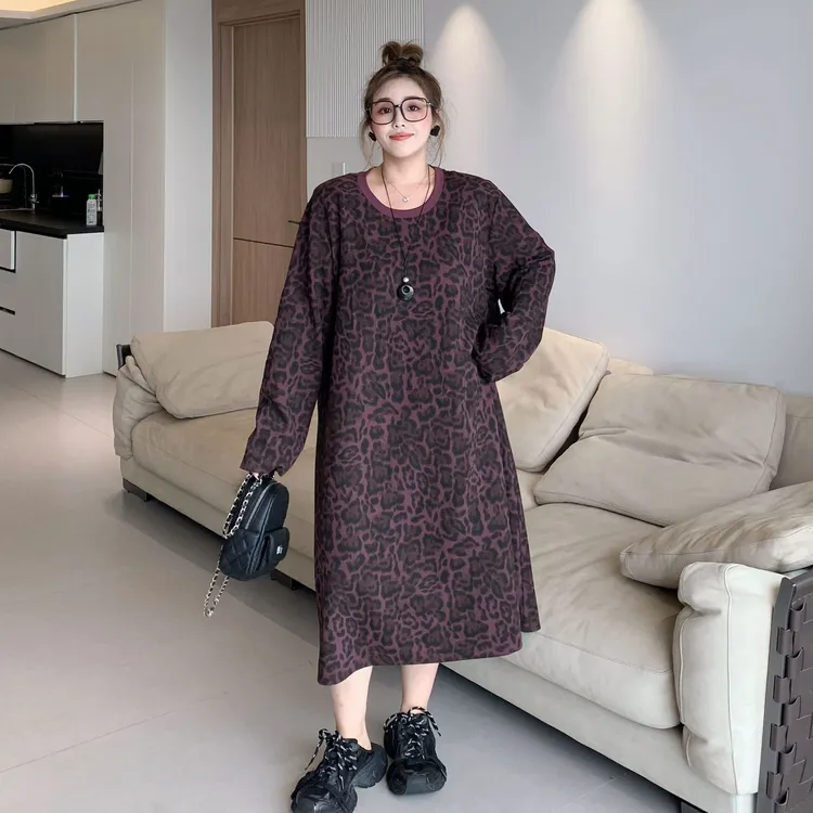 媛子大码复古豹纹连衣裙宽松气质洋气胖mm遮肉显瘦秋冬新款长裙