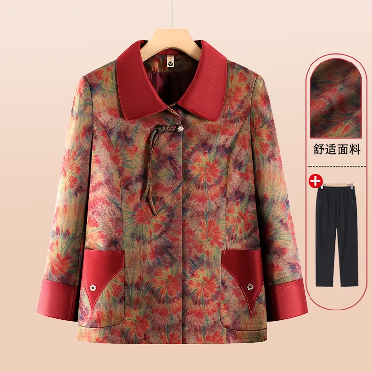 中老年人女春秋装外套奶奶翻领印花长袖上衣老太太衣服妈妈两用衫