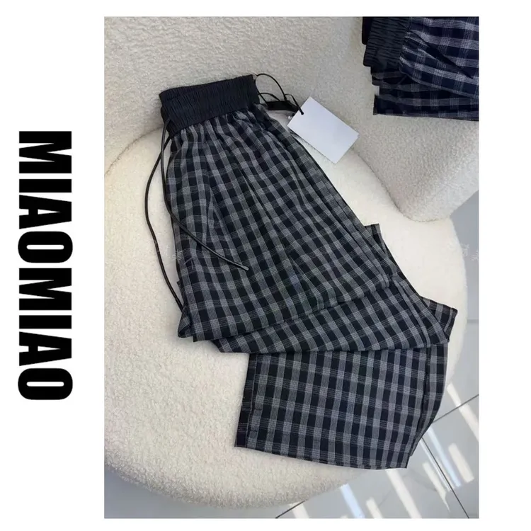 夏季新款九分格子裤女薄款休闲通勤透气高腰显瘦垂感直筒裤#6602