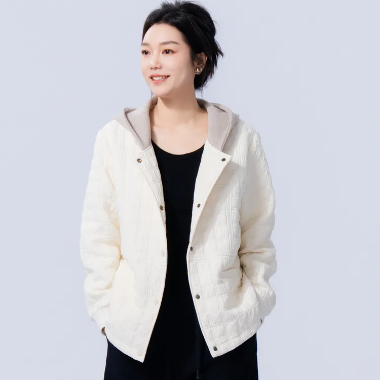 25-108连帽压格简约加绒加棉保暖大码女棉服