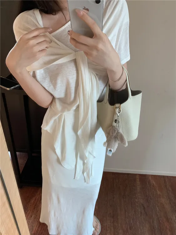 白开水舒服系舒适棉套装女春季T恤+半身裙+披肩白色三件套6802#