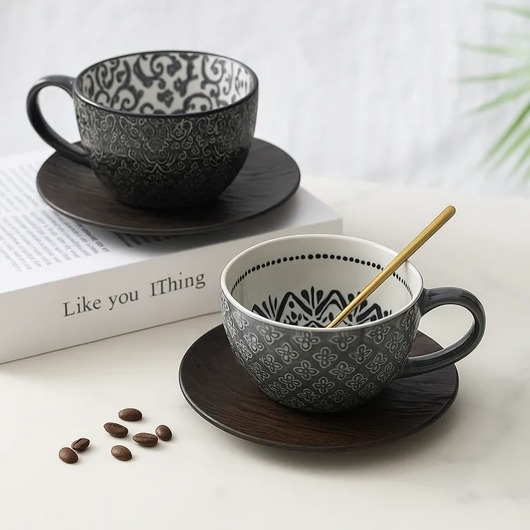 繁巷【8色】2只装400ml釉下彩咖啡杯 | 高端陶瓷 浮雕复古简约精致